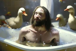 Jesus is bathing. playing with foam and rubber ducks in your bath. 4K David Palumbo