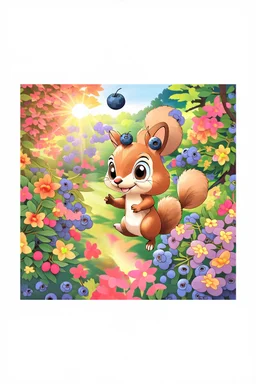 The friendly squirrel holds a blueberry excitingly in the air, the sunlight shining on the blueberry, colorful garden background , child book illustration style, faces must be the same as reference image