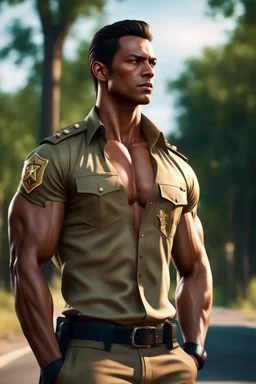Handsome muscular sheriff wearing a khaki shirt, standing by the roadside, trees in the background. photorealistic. 4k. urban fantasy