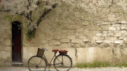 An old, weathered building with a bicycle parked in front, surrounded by a stone wall and a tree with blossoms