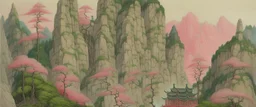 A pale pink castle near a gorge painted by Qiu Ying