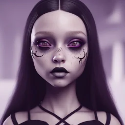 Jenna ortega black dress,soft goth libstick, wednesday addams family make up, long hair, brad double wig, addams family style, highly detailed, volumetric lighting, unreal engine, 8k