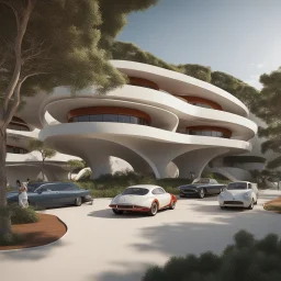 Complex of ten oval cabins, Oscar Niemeyer style, ultra quality, hyper-detailed, digital art, 8k 3D, trees, parking lots, people