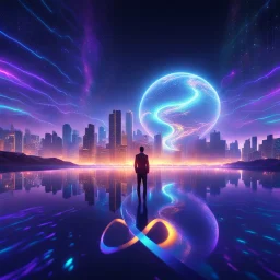 3D infinity symbol ∞, infinity figure-of-eight symbol is totally-symmetrical and brightly coloured, man silhouette facing epic scene of building, glowing earth, water, network and lights, exotic, inspiring, fantasy, neon, friendly, beautiful, octane render, 8k post-production, artstation: award-winning: atmospheric: commanding: fantastical: clarity: 16k: ultra quality: striking: brilliance: liquid medium: stunning colors: amazing depth; lens: f/8, 28mm