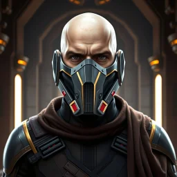 bald male corellian jedi wearing gunmetal grey and black old republic armored flightsuit and breath mask with gold and metallic red trim inside the jedi temple, centered head and shoulders portrait, hyperdetailed, dynamic lighting, hyperdetailed background, 8k resolution, volumetric lighting, light skin, fully symmetric details