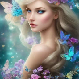 bright fairy, beautiful portrait, blond hair,blue eyes, flowery luminous pastel colors, butterfly