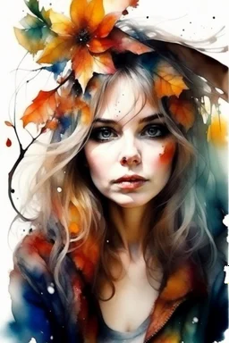 watercolor portrait of a woman, lush hair, rain, flowers, umbrella, autumn, paint blots, splashes, tears, plants