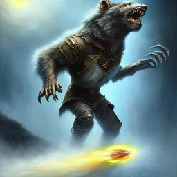 romantic fantasy spray painting, william Turner, watercolor, jet pack werewolf, movie poster