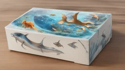 a box 10 cm long by 5 cm wide and 25 cm high, with drawings of animals from Subnautica