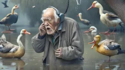 confused older man on the phone trying to get the ducks to leave