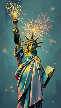 Remy Cogghe paining style , the Statue of Liberty holding a bottle of champagne celebrating new year . trajectories, 4k