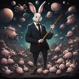 dark colours bugs bunny being a composer piano violin and is surrounded by swarm pig pig swinewasp swine pigpen pigsty on an diffrent planet cosmos lovecraft