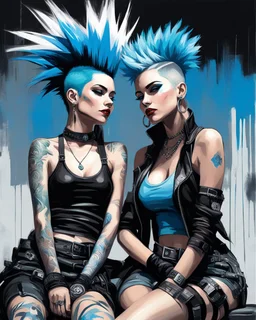 expressive oil painting of two women sitting next to each other, blue mohawk hair in the air, punk hairstyle, punk rock with mohawks, girl standing, punk woman, two skinny figures, two girls, female forms, drawn in a neo-noir style, blue silver and black, heavy brushstrokes, speedpaint, black and white vector art, cyberpunk comic cover art, by Ben Templesmith, by Vladimír Vašíček