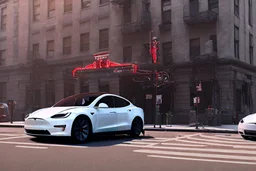 A Tesla 'Model S' is going at a high speed, near the building of the 'Friends' series in New York. (CINEMATIC, WIDE ANGLE LENS, PHOTO REAL)