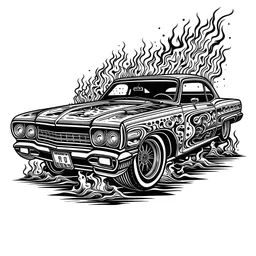 A simple line black and white drawing of a ferocious lowrider car with flames coming off it