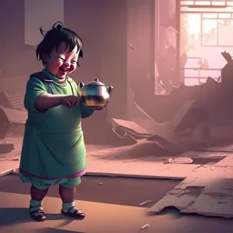 A teapot is shining and a laughing child is looking at it. The child’s image is reflected inside the teapot and behind the child is the reflection of a destroyed city.