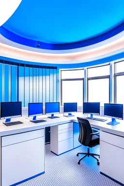 The office desks are hung on the walls in an oval shape, and the color of the walls is blue and the floor is white