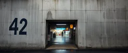 background of wall(wet textured concrete, gray, old, cracked, stained) from underground parking, hong kong style, a large number "42" painted on left(old faded paint), at middle is an opening into an area with asian shops, cyberpunk