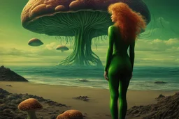 woman in a green catsuit, standing on a beach of an alien world, watching mushrooms with jellyfish tentacles in the sky, photorealistic, Deep Colour, Fantastical, Intricate Detail, sunshine