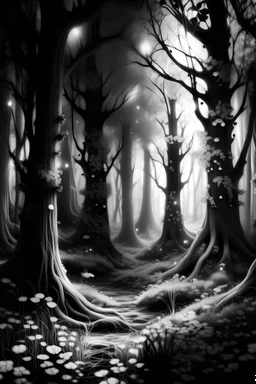black and white fairy trees forest