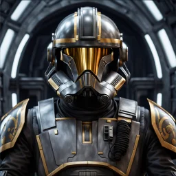 star wars bald male corellian pilot wearing gunmetal grey and black First Order TIE pilot armored flightsuit and helmet with gold trim inside the jedi temple, centered head and shoulders portrait, hyperdetailed, dynamic lighting, hyperdetailed background, 8k resolution, volumetric lighting, light skin, fully symmetric details