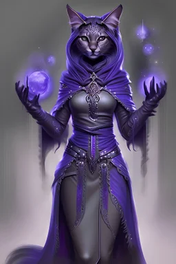 Beautiful D&D character portrait, humanoid female tabaxi sorceress, smooth face with no designs on face, add more fur to the face, tufts of white fur poking out of the ears, black fur on face, colorful fantasy, detailed, realistic face, digital portrait, intricate cloak black trimmed with silver and purple, background is nighttime forest scene with mist,fiverr dnd character, wlop, stanley artgerm lau, ilya kuvshinov, artstation, HD, octane render, hyperrealism