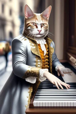 Mature cats dressed like "Wolfgang Amadeus Mozart", paws, playing piano, street, Vienna, friendly, sunny day, model style, hyper realistic, extremely accurate, delicate, extremely detailed, Graphic novel style, wide-angle, open aperture, superfine pencil