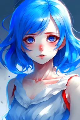 A girl / blue hair / white dress / red eyes