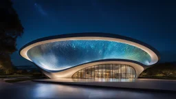 A futuristic building at night inspired by the fluidity of ocean waves, with undulating, curved walls made of shimmering, iridescent, semi-transparent materials. The structure has large, oval windows that reflect the moonlight and the night sky. Lights inside the building make it come alive. Fireflies in the surrounding space punctuate the darkness. Award-winning photograph, beautiful composition, joyful appearance, sensational design