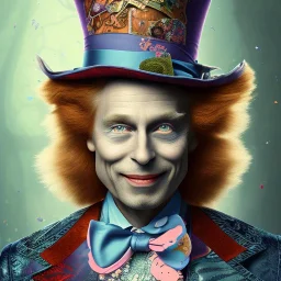 "Mad Hatter" book young man character of "Alice in the wonderland".Detailed face, detailed eyes, blue eyes, Realistic lighting,, elegant dress,sarcastic smile,big top hat,.behance contest winner, generative art, baroque, intricate patterns, fractalism, movie still, cartoon.style by Disney,Chie Yoshii,earnst haeckel,james jean.