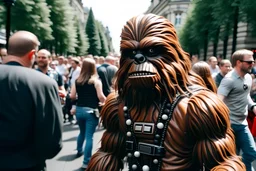 Chewbacca perdido en la gran ciudad, entre el bullicio de la gente fotografía, disparo cámara Leica, primer plano