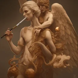 A beautiful angel smoking a pipe, a pipe made of beautiful walnut wood, high-resolution body parts and anatomy, painting with full HD quality, 4K, 8K, 16K, Mahshar's artwork