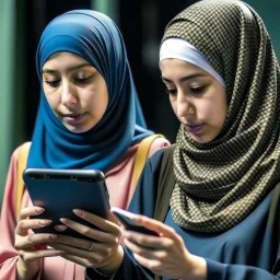 Female students wearing hijab watching smartphone