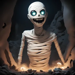 Mannequin rising from a freshy dug grave glowing eyes a creepy grin upon it's face mummy-like bandages coming unwrapped in pokemon art style