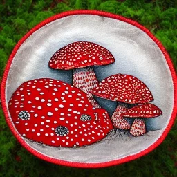 Red large Amanita muscaria mushrooms in a silver basket , Patchwork art,high detailed,dynamic colors,intricate.