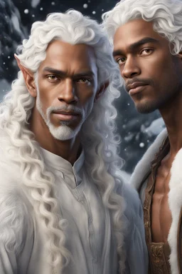 Forty-year-old mulatto man with wavy snow-white hair, next to a young elf boy with snow-white hair and tanned skin