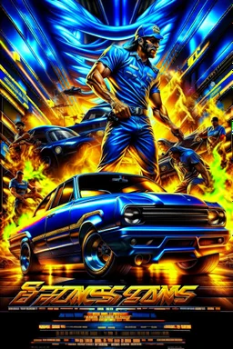 "Design a 90s-style action movie poster titled 'Shockwave Customs' with a blue theme and blue flames. Feature a super heroic mechanic in the foreground, fiercely battling thousands of adversaries with a spanner. In the background, show cars doing burnouts, creating a dynamic and intense scene. Capture the high-energy, gritty aesthetic of classic 90s action films. Prominently display the subtitle 'mmechanic negotiator' in bold, impactful lettering."