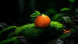 A vibrant orange sitting on a wet rock covered with moss. The image showcases naturalism with an organic 8k artistic photography style. The vibrant background emphasizes the orange body and green leaves, creating a bright and powerful composition,grey dark backround,dramatic scene