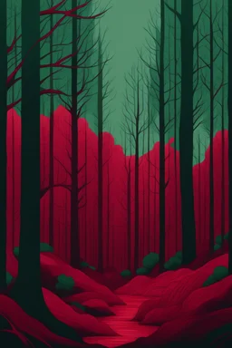 forest in dark red trees and dark green colors only, thin lines draw style