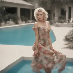 Brigitte bardot as marilyn monroe, in a flowered dress,, at the swimming pool