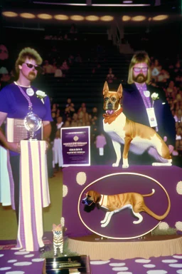 1990 dog show realistic (film Color Mission 200::10) photo from old disposable camera with a cat body rabit head winning first prize, grainy photo