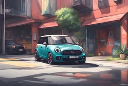 can you draw a cool garage and mini cooper f56 in the style of Kemono positive colors