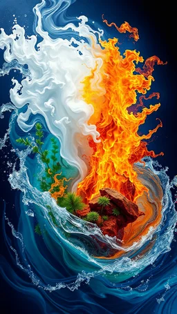 the elements of light (white), fire (fire colors), air (nearly transparent), earth (green plants and brownish rock), and water (slightly transparent, various shades of blue) colliding in a vibrant swirl, photographic, highly detailed and realistic, highest level of clarity, detail, and realism, vibrant colors, book cover art, book-cover-worthy