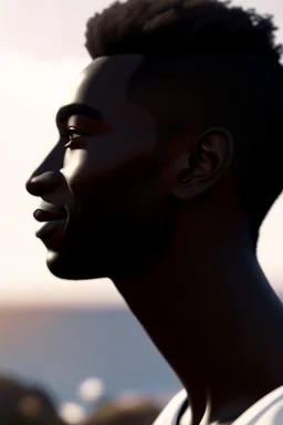 a close up side profile image of an attractive dark male angel, smiling and looking over the horizon on a very high cliff, 8k quality, supper realistic