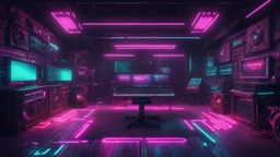 Hyper Realistic Rustic Hip-Hop Music Studio with dark futuristic & Neon-Glitched background