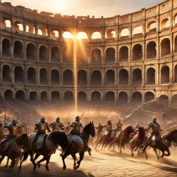 A scene unfolds in ancient Rome, where a grand carousel of gladiators and gladiatrix spins amidst the cheers of the crowd. The sun sets over the Colosseum, casting a golden glow on the fierce fighters as they whirl past on their majestic steeds. The gladiators, clad in shining armor, wield their weapons with practiced skill, their eyes fierce and determined. The gladiatrix, with flowing robes and weapons in hand, exude a fierce grace as they ride alongside their male counterparts. The carousel