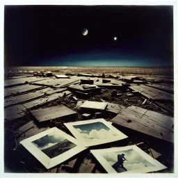 Photorealistic polaroid nothingness and destruction old wooden nothing night Max Ernst, shot on Hasselblad, movie shot, details of the ground accentuated nightmare, hypermaximalist, obsessive, hypnotic