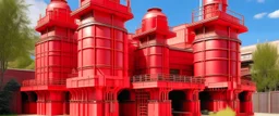 A light red electrical power plant with batteries painted by Frank Lloyd Wright