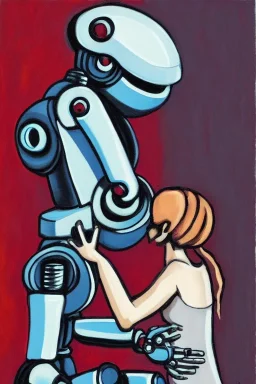 Artist crying next to a robot