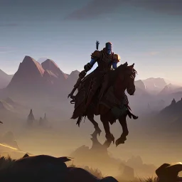  mountains with medieval knight in armour traveling on a horse in the background